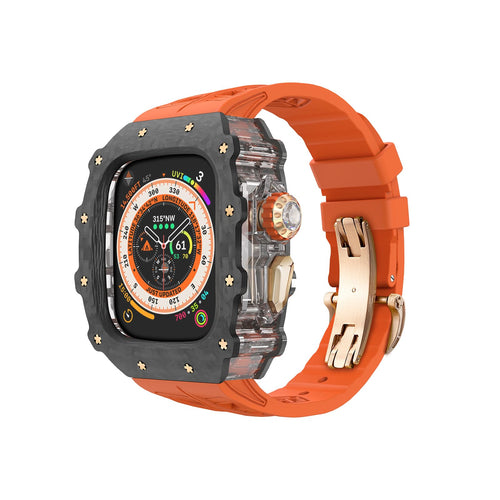 Luxury Apple Watch Ultra 2 Case Carbon Fiber with Fluorine Rubber Band Mens Protective iWatch Ultra 49mm Cover Lightweight Carbon Fiber Case 49mm for Apple Watch Ultra 2/ Ultra (49mm Rose gold)