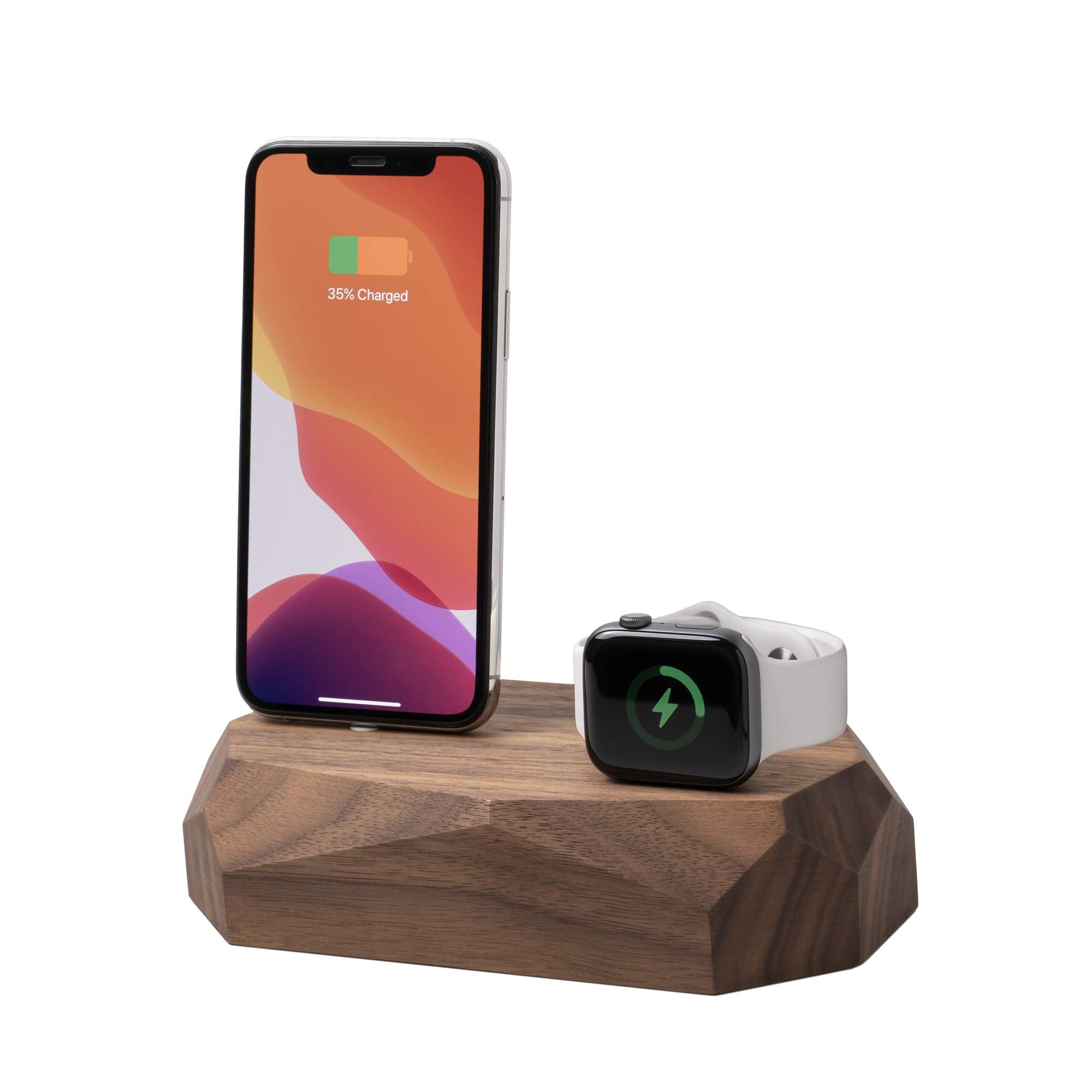 Oakywood - 2in1 Wood Docking Station Compatible with Apple Watch Compatible with iPhone - Dual Charging Station 1 x Lightning USB-A Connector Included - Combo Dock - Walnut